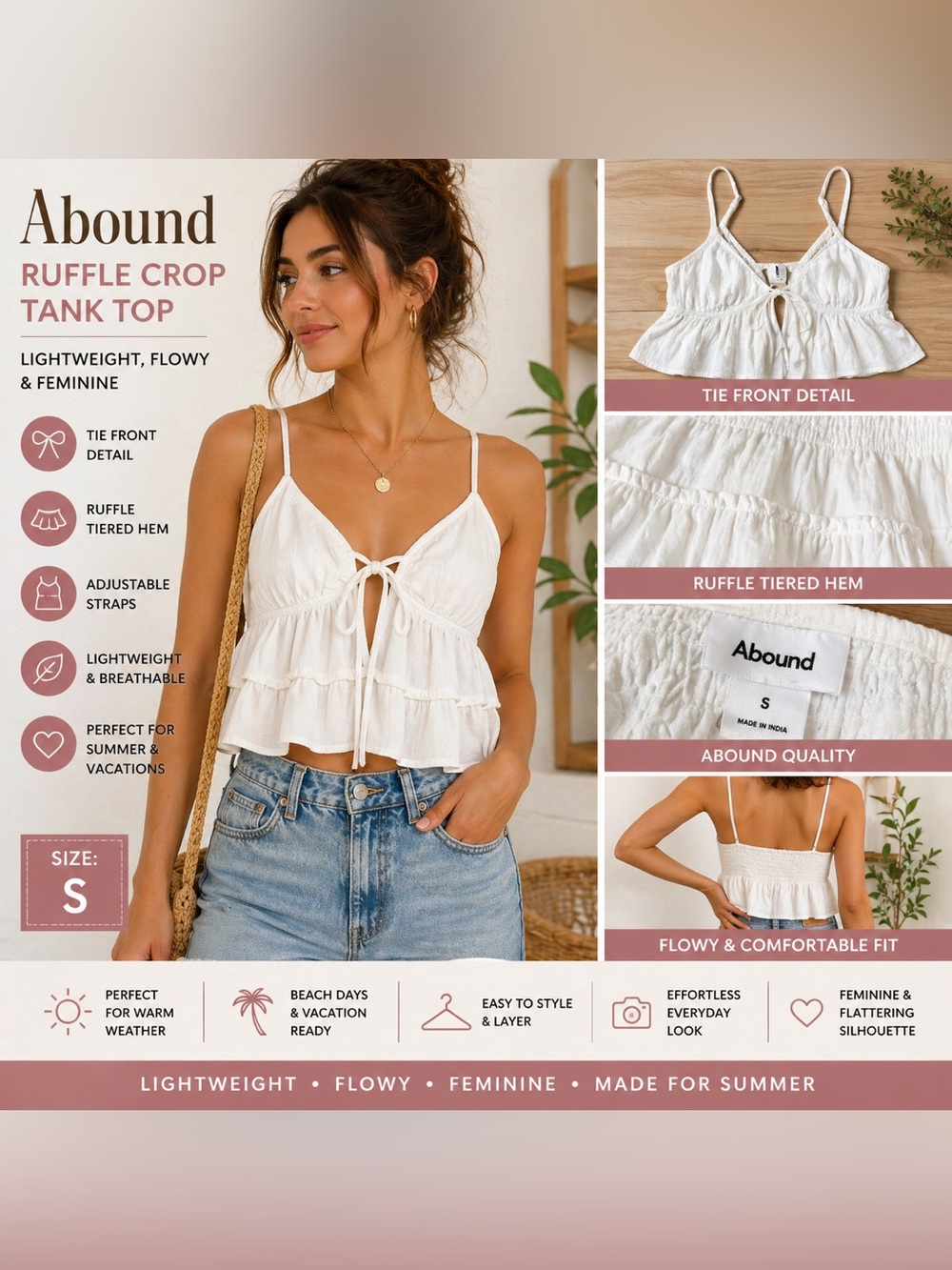 Abound White Ruffle Crop Tank Top Tie Front Babydoll Boho Cami Size Small